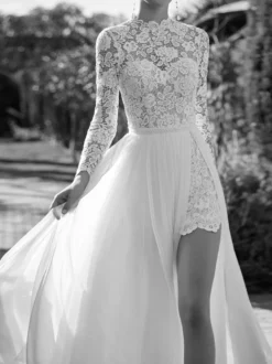 Robe de Mariée Simple Robe de mariée 2 Pièces Ivoire manches longues col roulé en tulle Robes de mariée