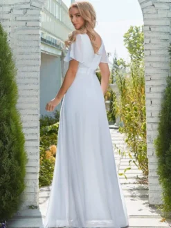 Robe de mariée simple robe de soirée de mariage col V manche courte au sol