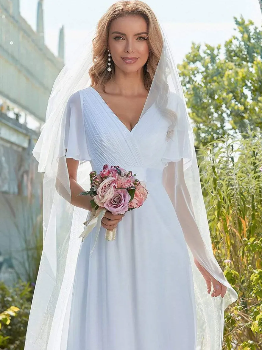 Robe de mariée simple robe de soirée de mariage col V manche courte au sol