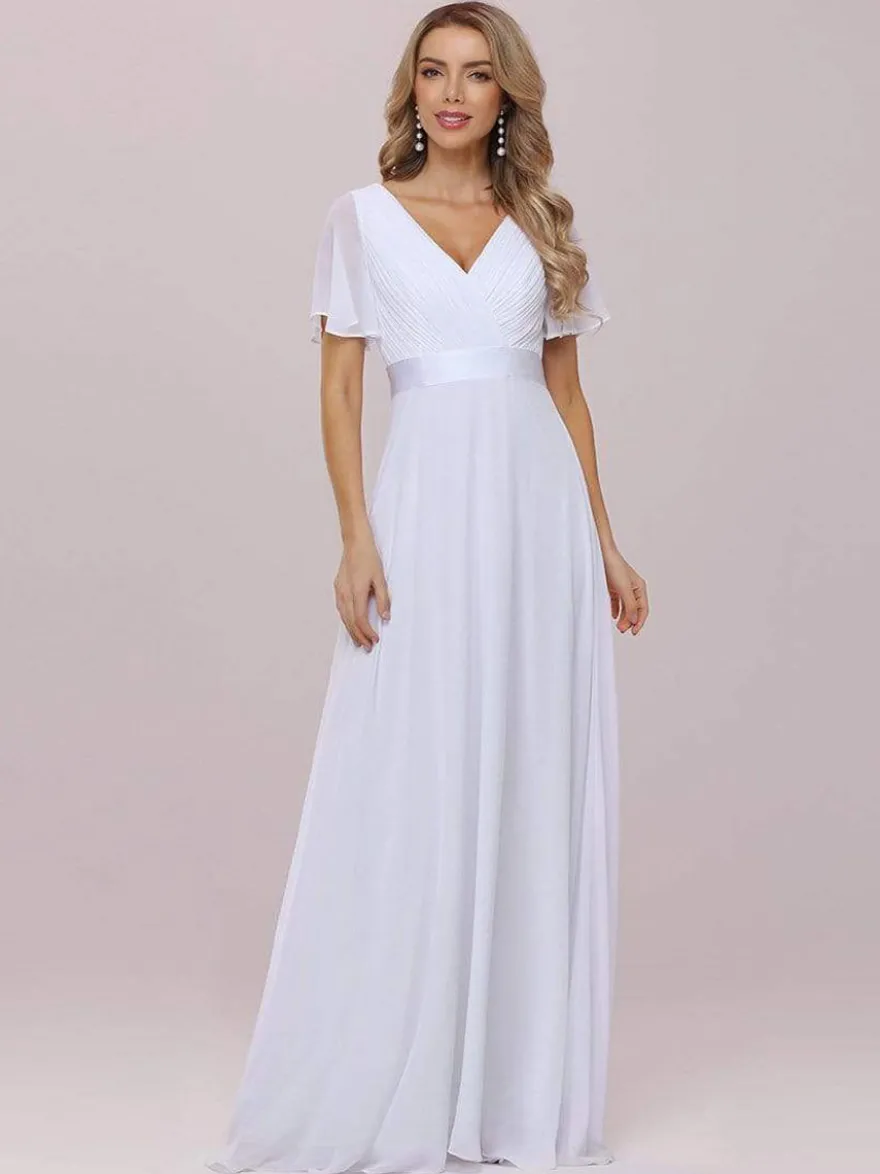 Robe de mariée simple robe de soirée de mariage col V manche courte au sol
