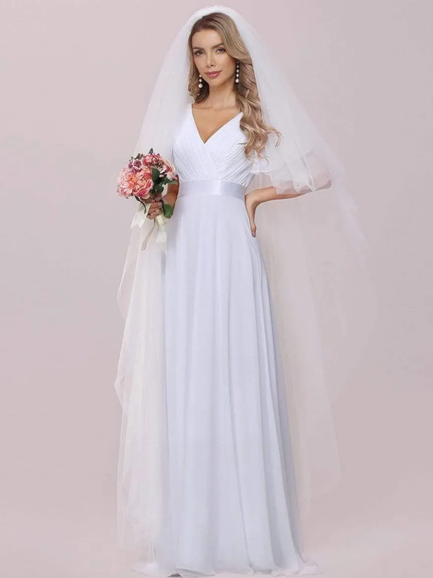 Robe de mariée simple robe de soirée de mariage col V manche courte au sol