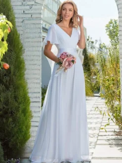 Robe de mariée simple robe de soirée de mariage col V manche courte au sol