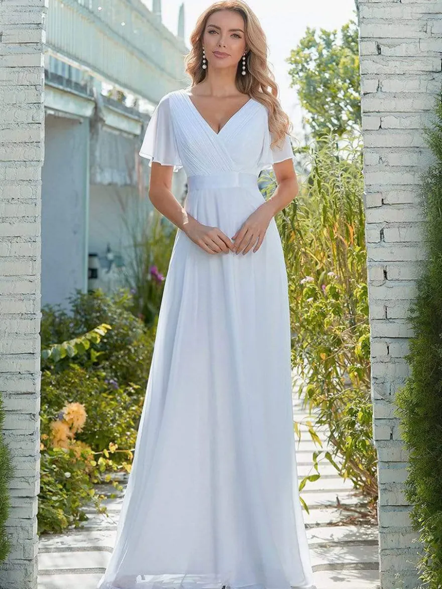 Robe de mariée simple robe de soirée de mariage col V manche courte au sol
