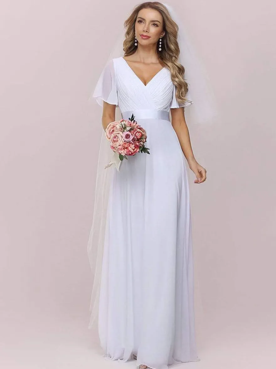 Robe de mariée simple robe de soirée de mariage col V manche courte au sol