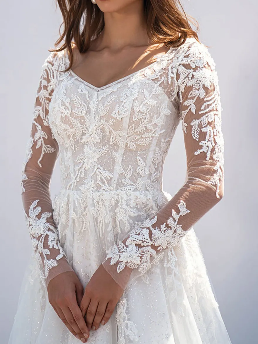 Robe de mariée simple robe mariage col V manche longue à traîne