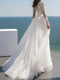 Robe de mariée simple robe mariage col V manche longue à traîne
