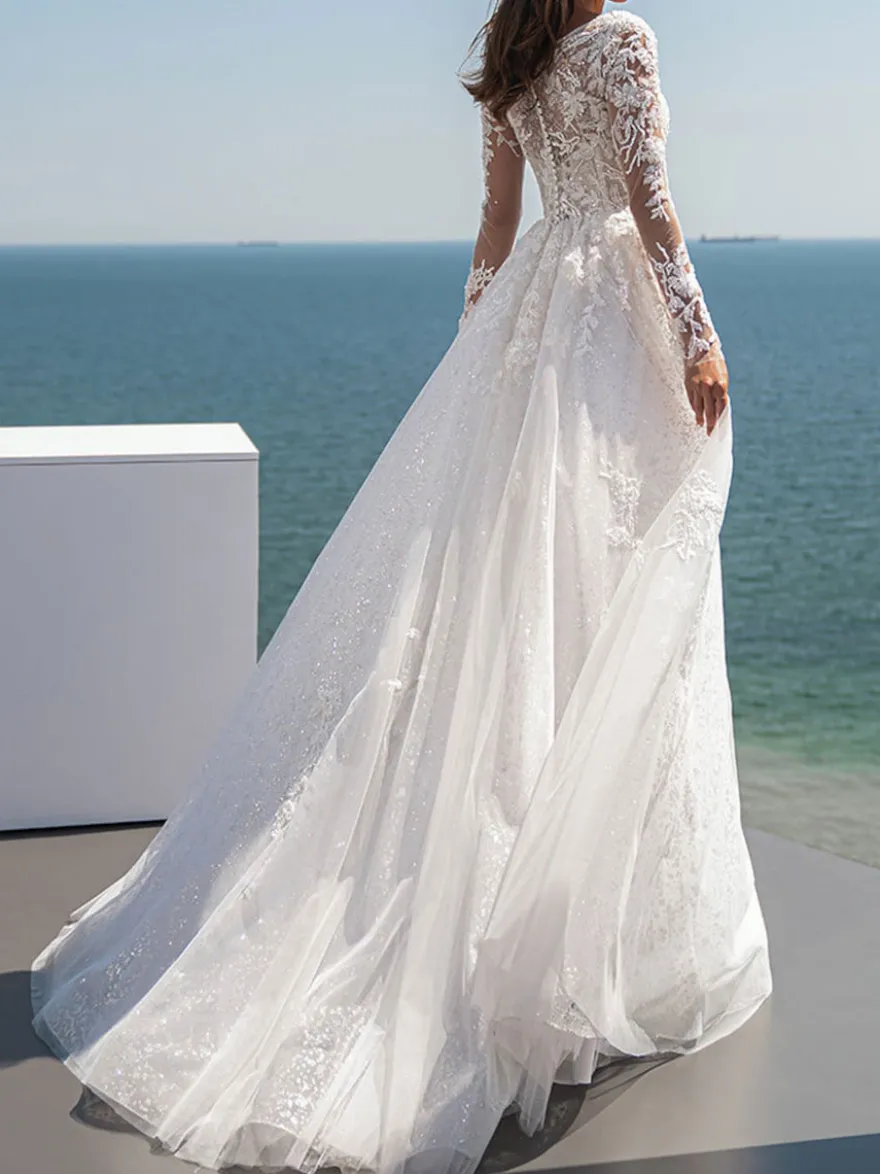 Robe de mariée simple robe mariage col V manche longue à traîne