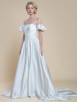 Robe de mariée simple silhouette princesse sans bretelles manches courtes 30 cm robes de mariée