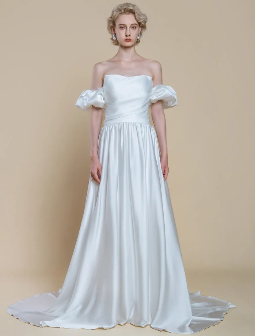 Robe de mariée simple silhouette princesse sans bretelles manches courtes 30 cm robes de mariée