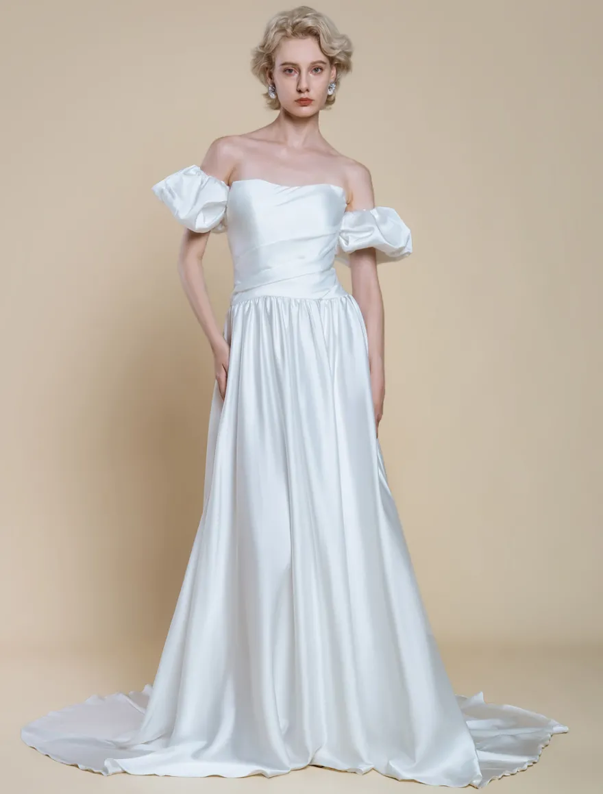 Robe de mariée simple silhouette princesse sans bretelles manches courtes 30 cm robes de mariée