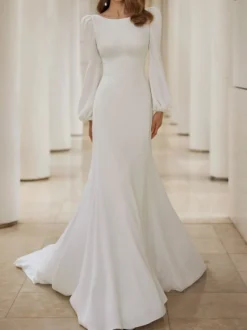 Robe de mariée simple sirène bijou cou manches longues robes de mariée personnalisation gratuite