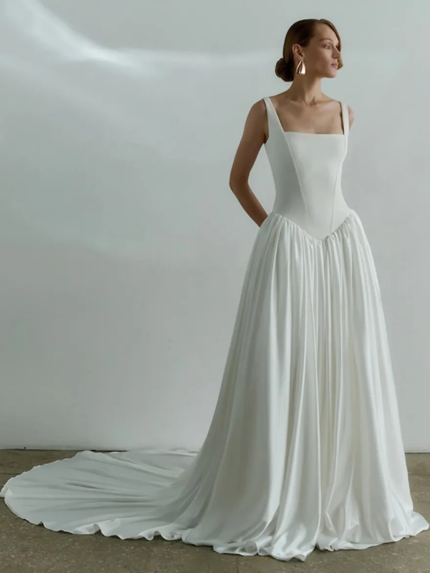 Robe de mariée simple taille basque robe de bal col carré sans manches 50 cm robes de mariée