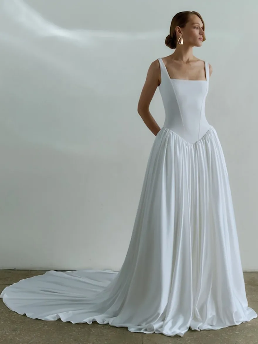 Robe de mariée simple taille basque robe de bal col carré sans manches 50 cm robes de mariée