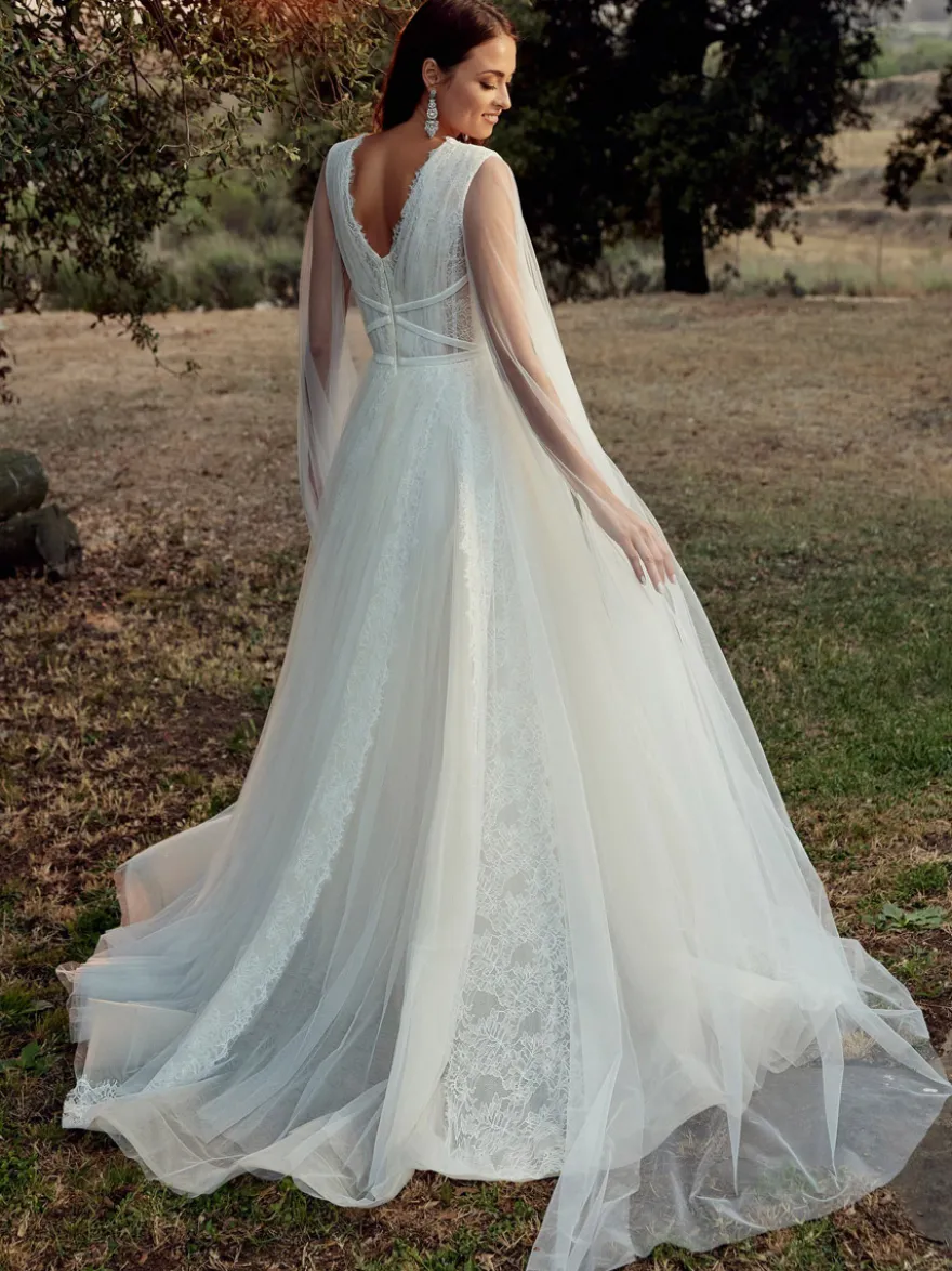 Robe de mariée simple trapèze col en V sans manches ceinture robes de mariée