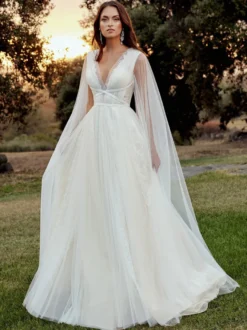 Robe de mariée simple trapèze col en V sans manches ceinture robes de mariée
