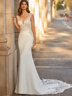 Robe de mariée sirène col V top en dentelle jupe en satin boutonné sur dos à traîne
