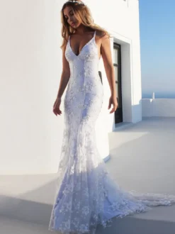 Robe de mariée sirène sexy Robe de mariée en dentelle blanche à col en V et dos nu