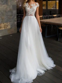 Robe de mariée trapèze blanche en tulle col rond en dentelle transparent jupe plissée à traîne Robe de mariage