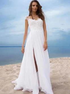 Robe de mariée trapèze blanche ivorie jupe fendu robe de mariage