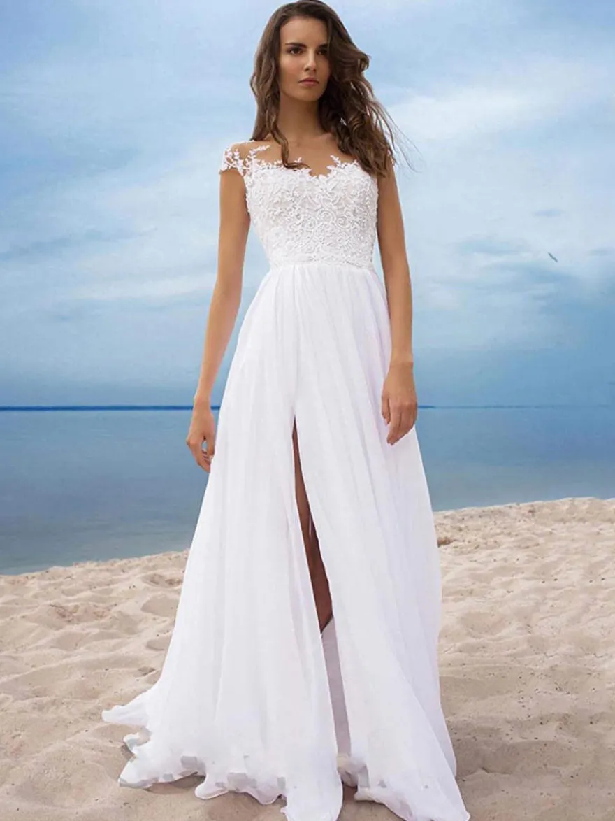 Robe de mariée trapèze blanche ivorie jupe fendu robe de mariage