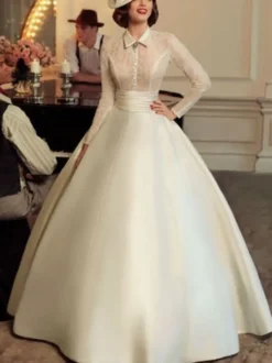 Robe de mariée vintage charleston robe mariage rétro manche longue transparente jupe en satin au sol