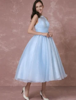 Robe de Mariée Vintage Courte en Tulle robe de mariée bleu dos nu robe de Cocktail longueur mollet robe de fête Milanoo