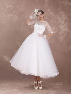 Robe de Mariée Vintage Courte Robe de mariée A-ligne satin en dentelle avec doublure