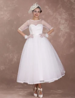 Robe de Mariée Vintage Courte Robe de mariée A-ligne satin en dentelle avec doublure