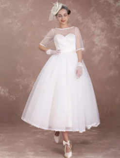 Robe de Mariée Vintage Courte Robe de mariée A-ligne satin en dentelle avec doublure