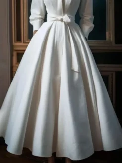 Robe de mariée vintage décolleté manches 3/4 taille naturelle tissu satiné longueur thé ceinture