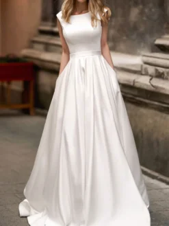 Robe de mariée Vintage en Satin ligne A col bateau sans manches longueur au sol 2026