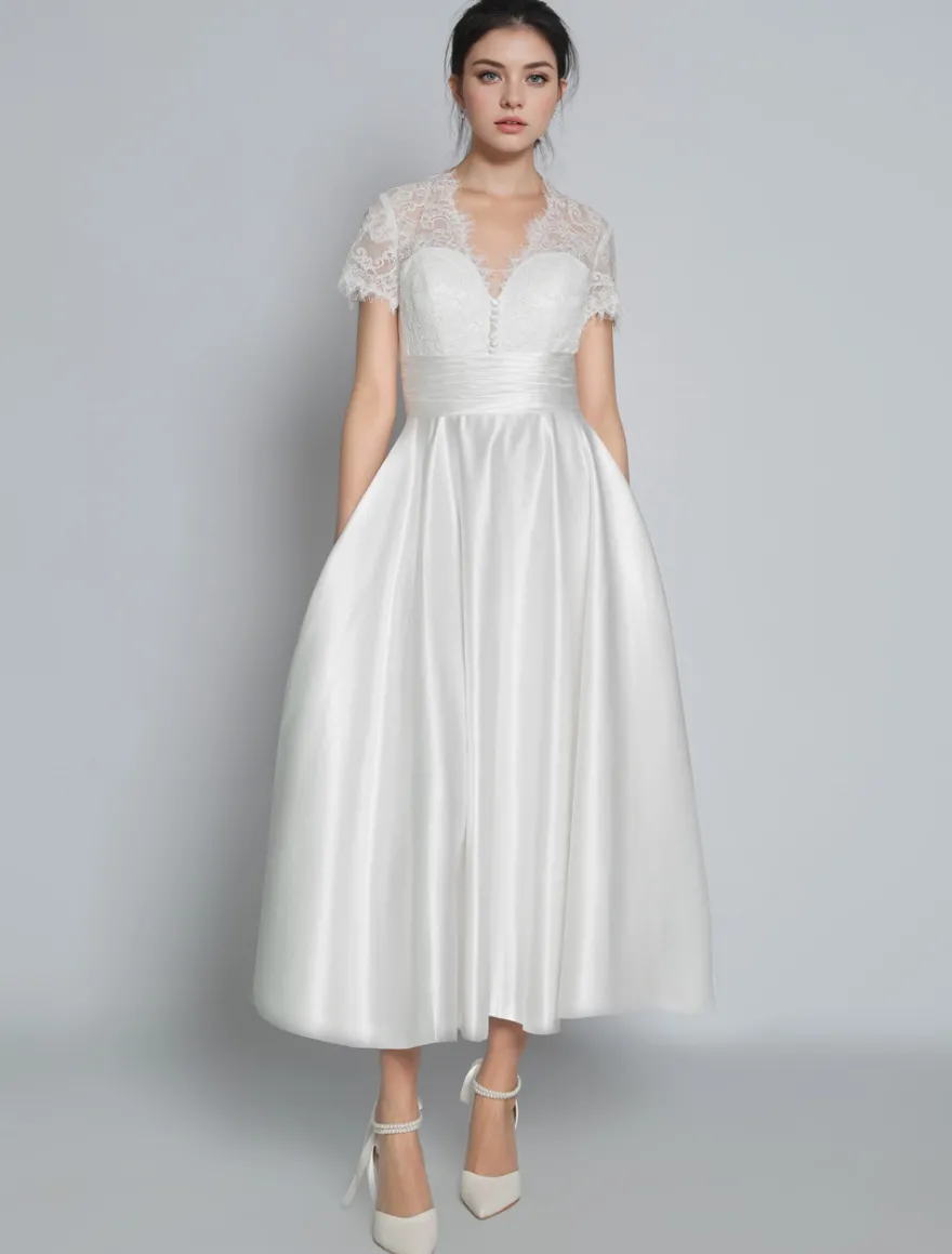 Robe de mariée vintage robe de mariée civile courte col V manche courte haut en dentelle jupe en satin