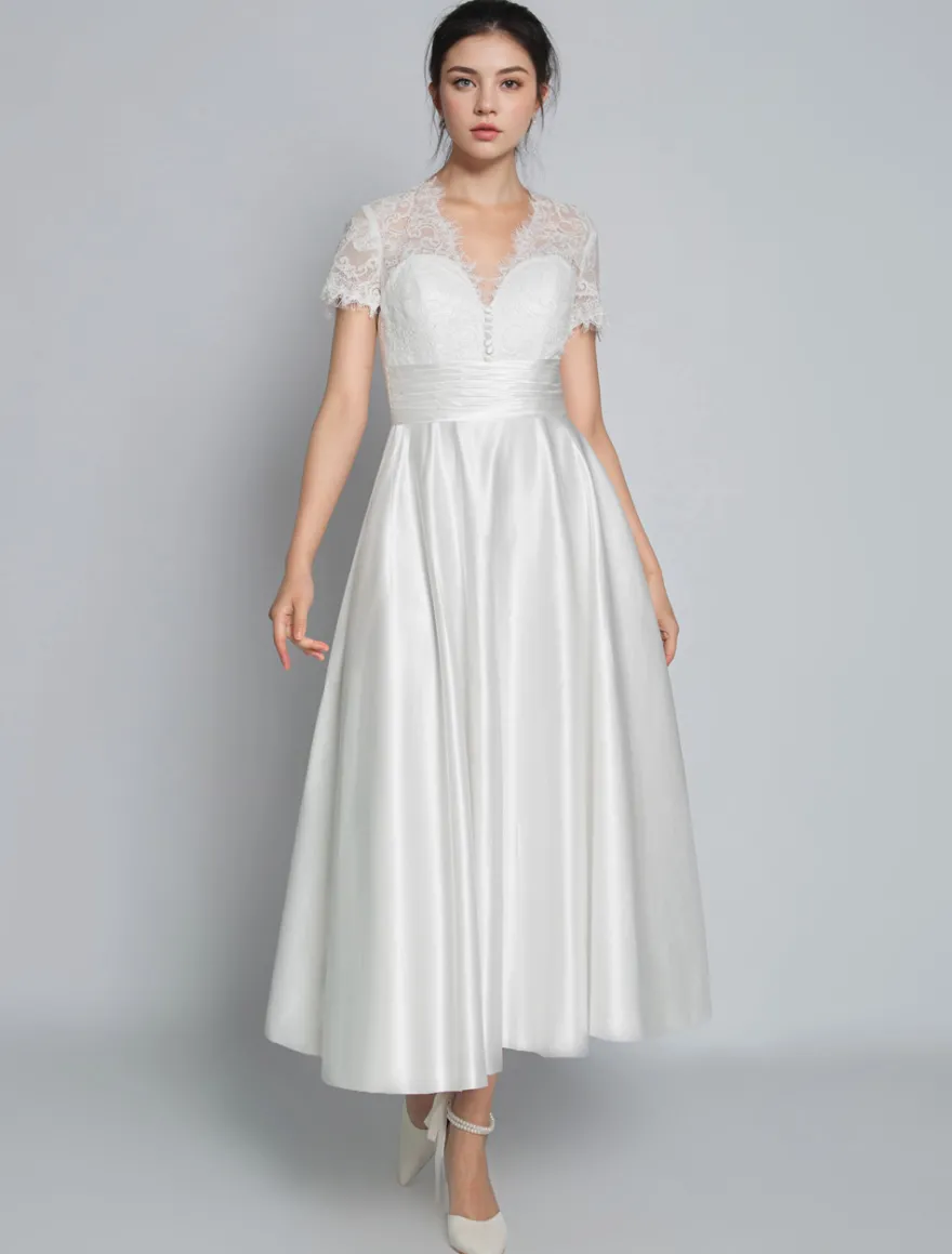 Robe de mariée vintage robe de mariée civile courte col V manche courte haut en dentelle jupe en satin