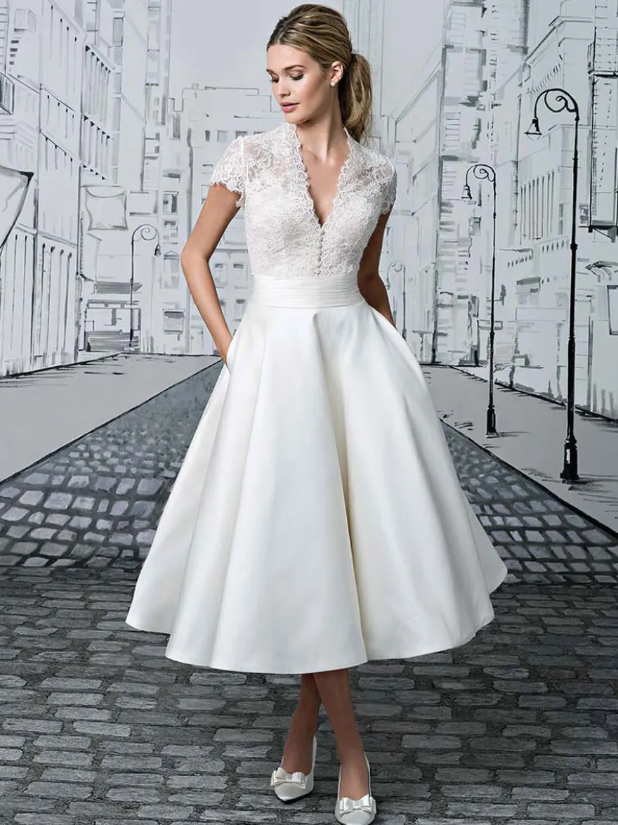Robe de mariée vintage robe de mariée civile courte col V manche courte haut en dentelle jupe en satin