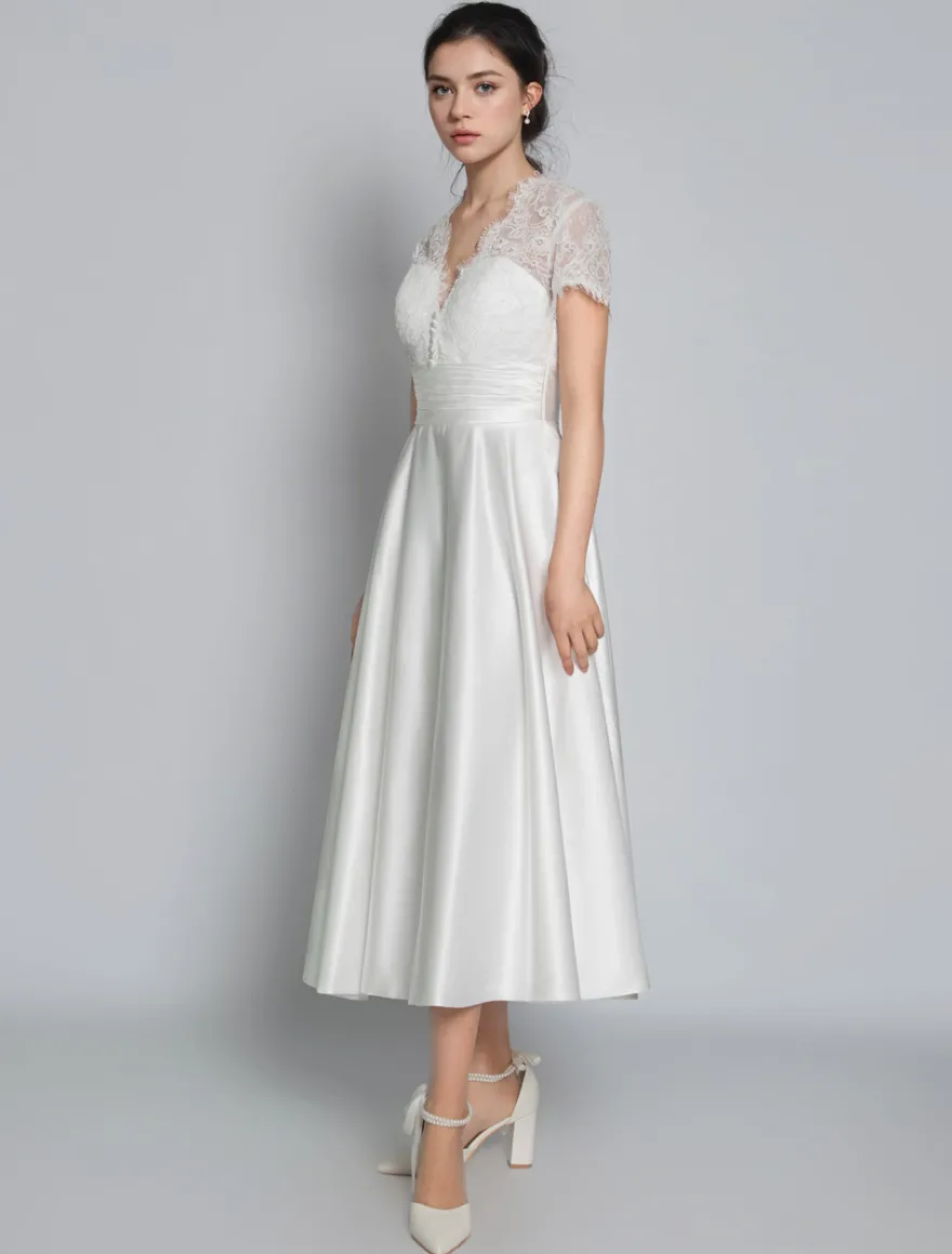 Robe de mariée vintage robe de mariée civile courte col V manche courte haut en dentelle jupe en satin
