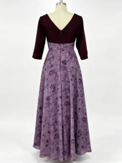 Robe de mère à col en V manches 3/4 coupe trapèze ornée de fleurs robe d'invitée pour mariage