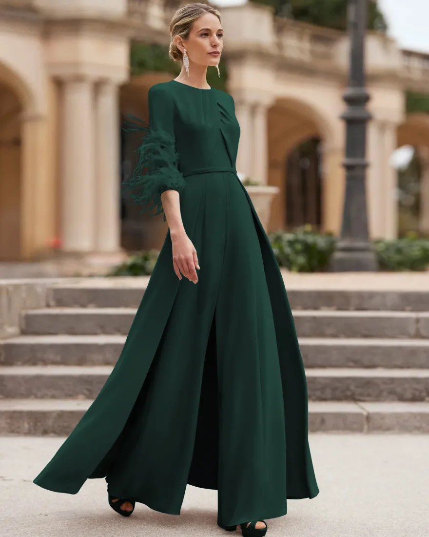 Robe de mère conçue avec décolleté et manches 3/4 combinaison perlée robes d'invitées de mariage