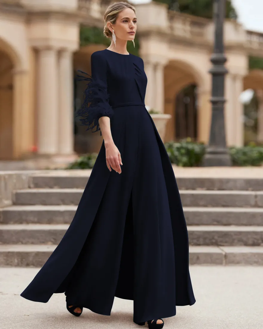 Robe de mère conçue avec décolleté et manches 3/4 combinaison perlée robes d'invitées de mariage