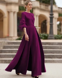 Robe de mère conçue avec décolleté et manches 3/4 combinaison perlée robes d'invitées de mariage