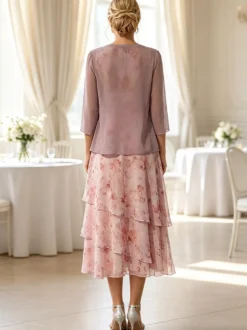 Robe de mère de la mariée col rond manches 3/4 coupe trapèze longueur thé robe d'invitée pour un mariage