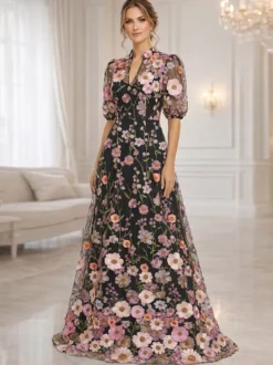 Robe de mère de la mariée col V manches courtes coupe trapèze à fleurs robe d'invitée pour mariage