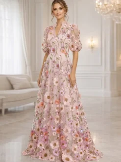 Robe de mère de la mariée col V manches courtes coupe trapèze à fleurs robe d'invitée pour mariage