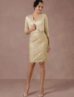 Robe de mère de mariée deux pièces bleu jupe au genou en dentelle robe invitée mariage