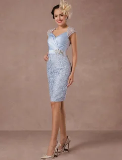 Robe de mère de mariée deux pièces bleu jupe au genou en dentelle robe invitée mariage