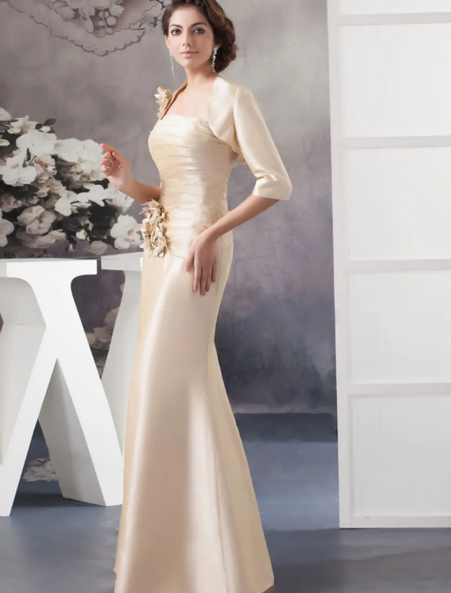 Robe de mère de mariée sirène champagne en satin deux pièces longueur au sol robe d'invitée