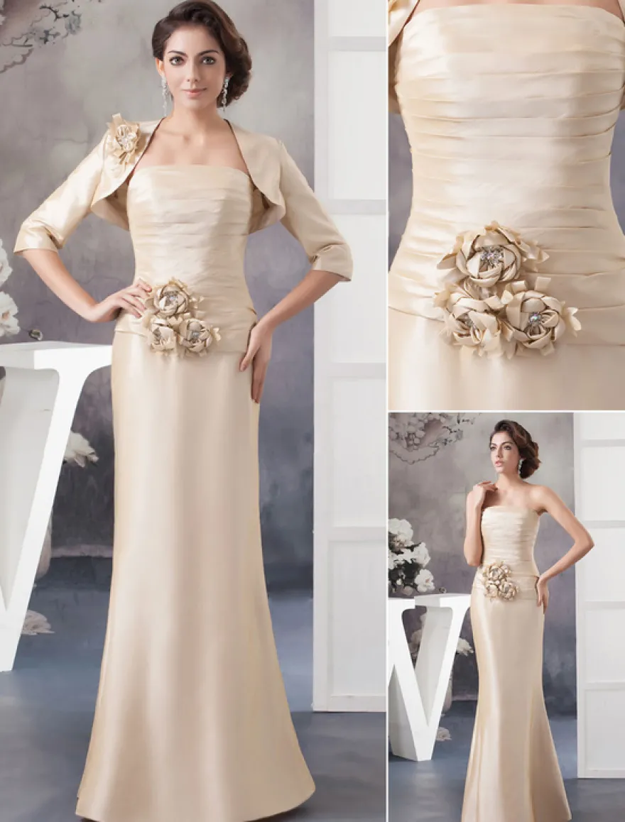 Robe de mère de mariée sirène champagne en satin deux pièces longueur au sol robe d'invitée