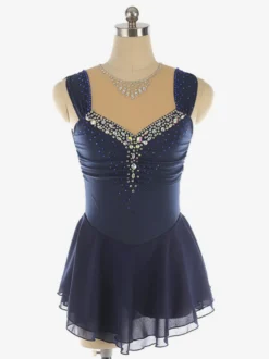 Robe de patinage artistique bleu clair à encolure perlée en polyester pour femmes et filles.