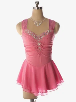 Robe de patinage artistique bleu clair à encolure perlée en polyester pour femmes et filles.
