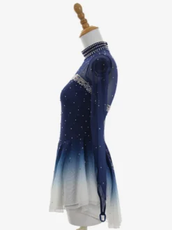 Robe de patinage artistique bleu foncé ombré à manches longues en résille strassée tenue de compétition pour filles et femmes