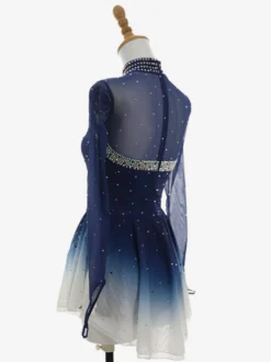 Robe de patinage artistique bleu foncé ombré à manches longues en résille strassée tenue de compétition pour filles et femmes